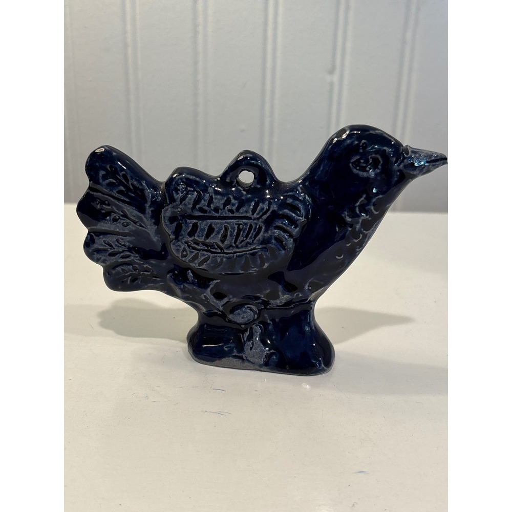 Vintage Cobalt Blue Salt Glazed Ceramic Bird Figurine Folk Art Statuette